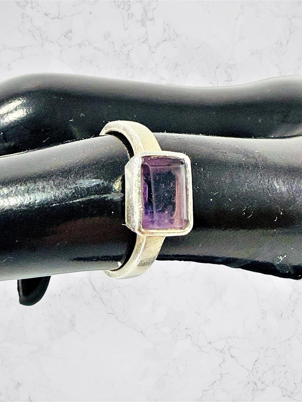 Vintage Sterling Silver 925 Amethyst Emerald Cut Ring Size 6 Purple Cocktail